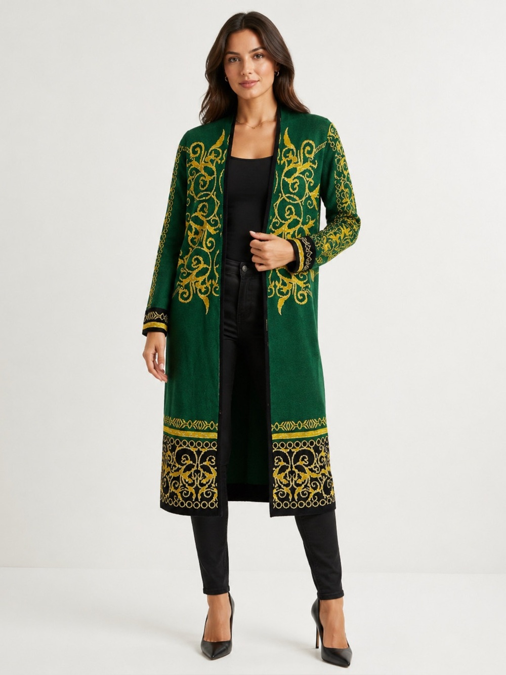 VERTIGO PARIS GREEN BLACK & GOLD LONG OPEN DUSTER CARDIGAN SWEATER Sz M